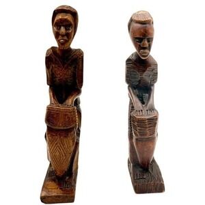 Hand Carved Wood Drummer Figurine Set Tribal African Art Decor Men Drums